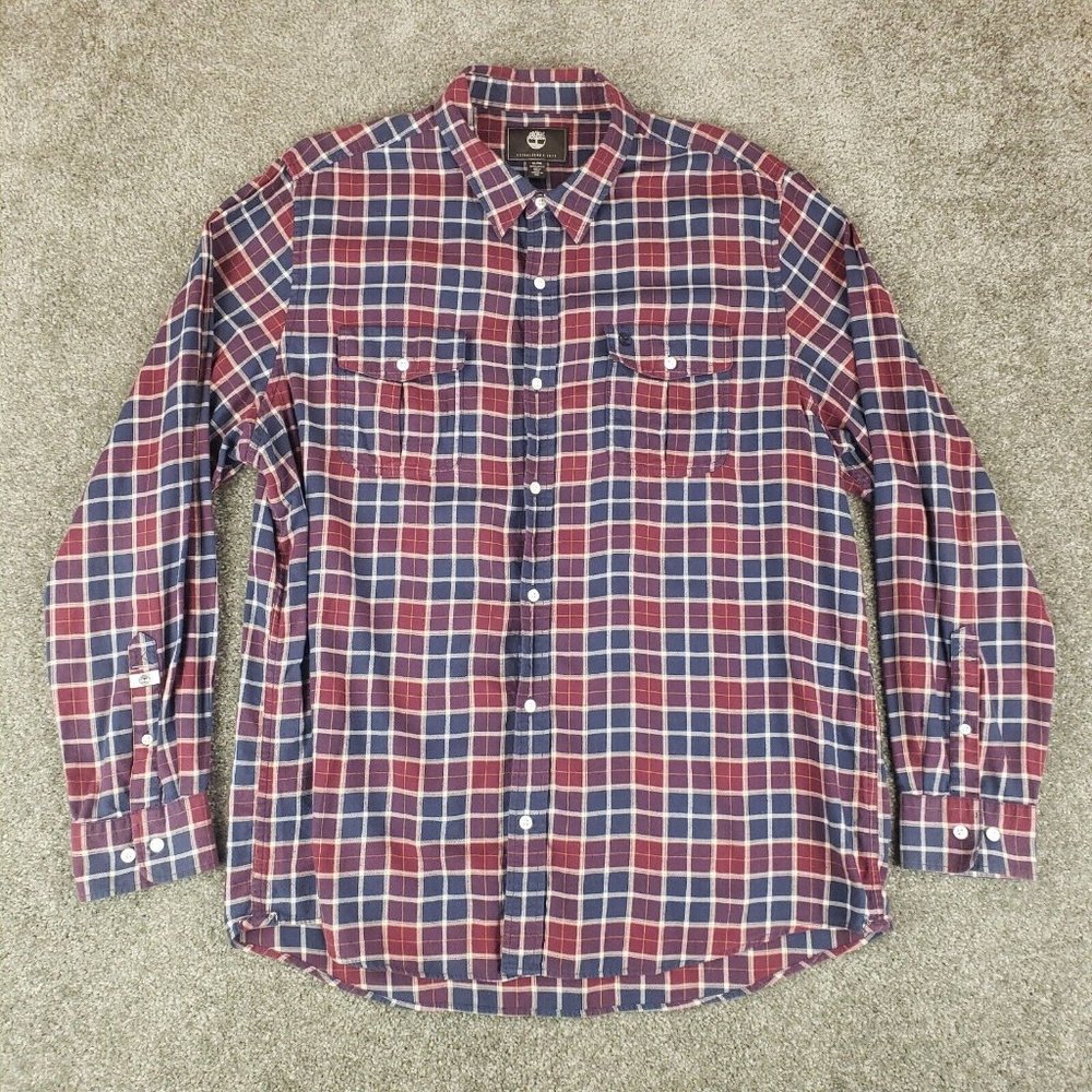 Timberland Shirt XL Mens Red Blue Plaid Long Sleeve Collared Button Up